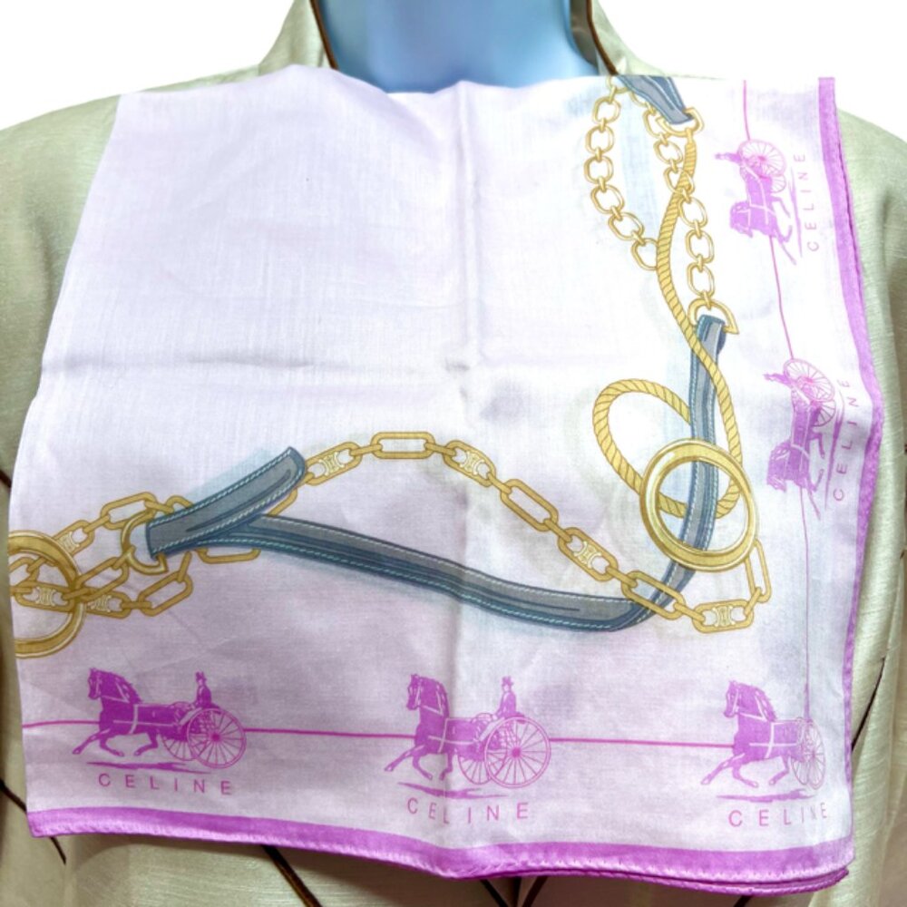 Celine Paris Mini Scarf/ Large Handker cotton  22.5" pink lavender carriage (95